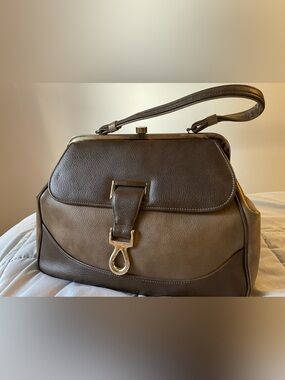 Mid-Century Modern Vinyl Two-Tone Brown Hand Bag with Gold Hardware